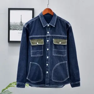 Aidase Fashion Men's Personality Stitching Denim Shirt Jacket Japan Style Streetwear Casual Loose Tooling Multi-Pocket Lapel Coats