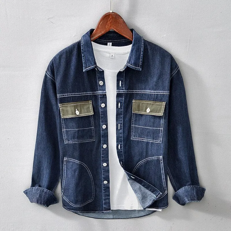 Aidase Fashion Men's Personality Stitching Denim Shirt Jacket Japan Style Streetwear Casual Loose Tooling Multi-Pocket Lapel Coats