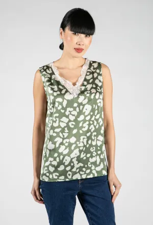 Animal Print Lace Trim Top in Sage