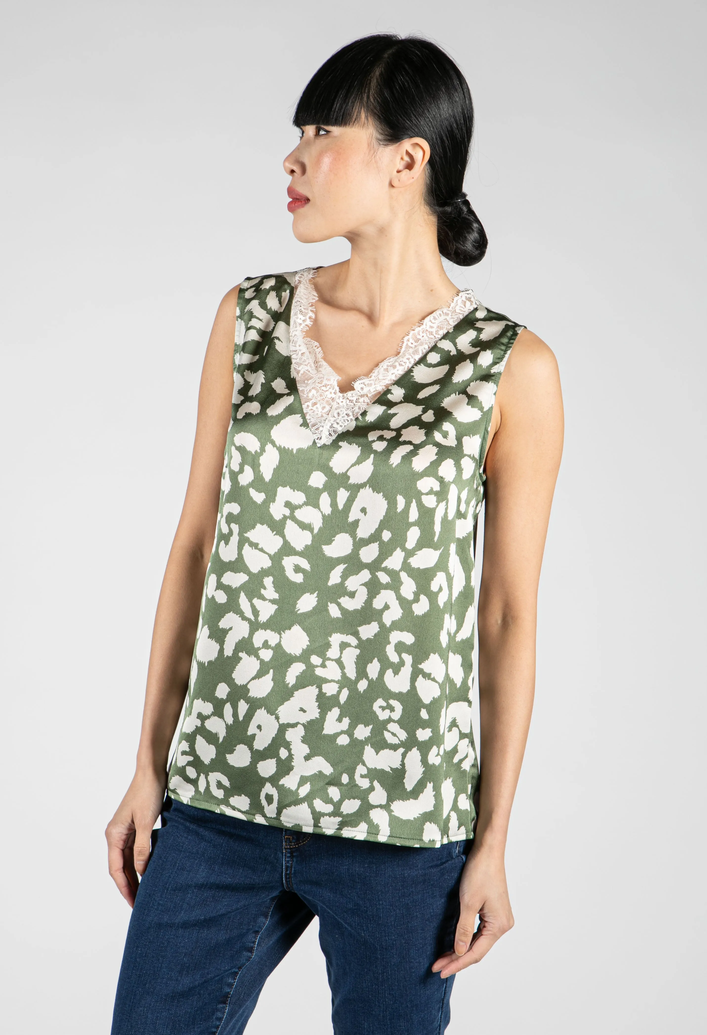 Animal Print Lace Trim Top in Sage