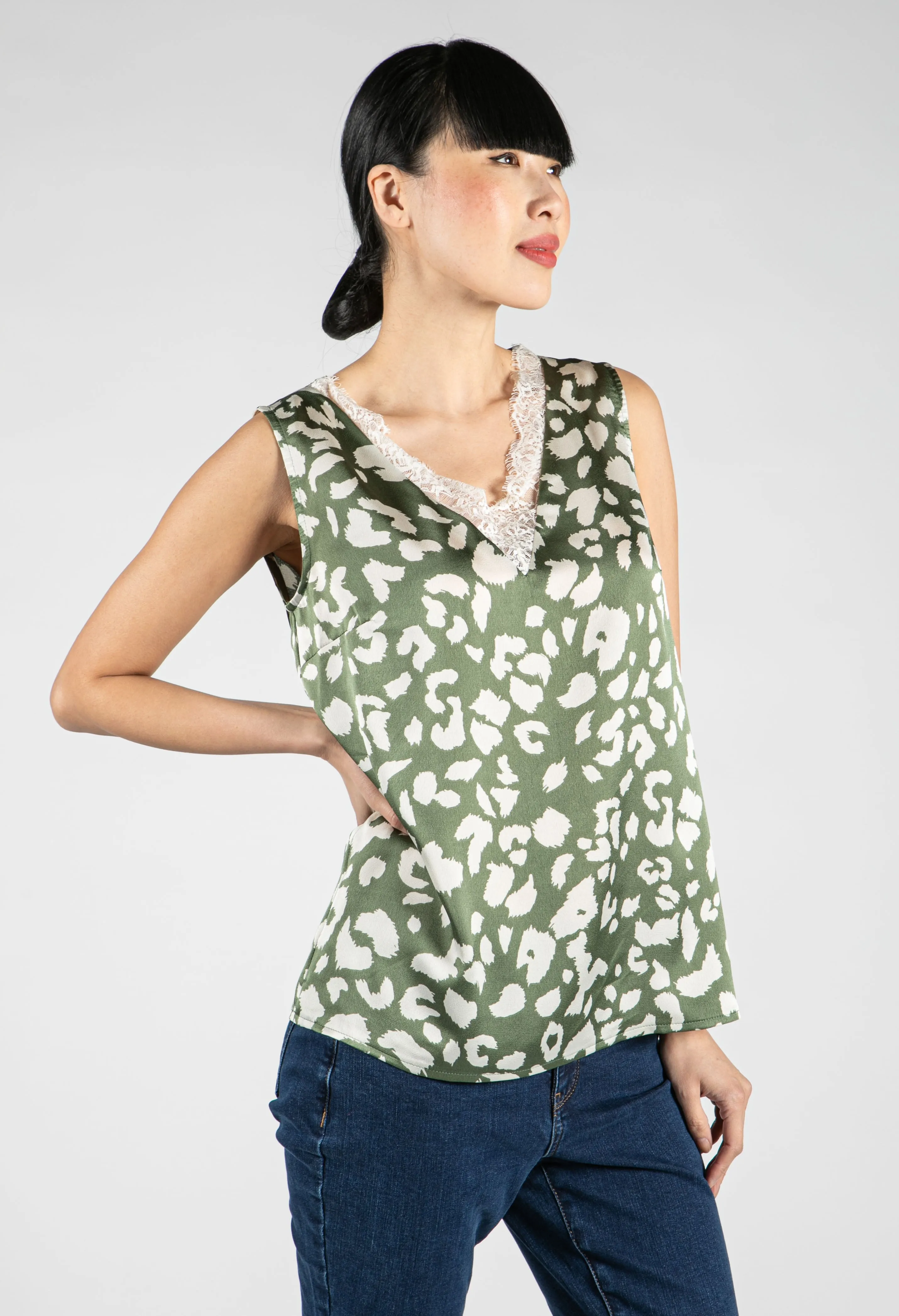 Animal Print Lace Trim Top in Sage