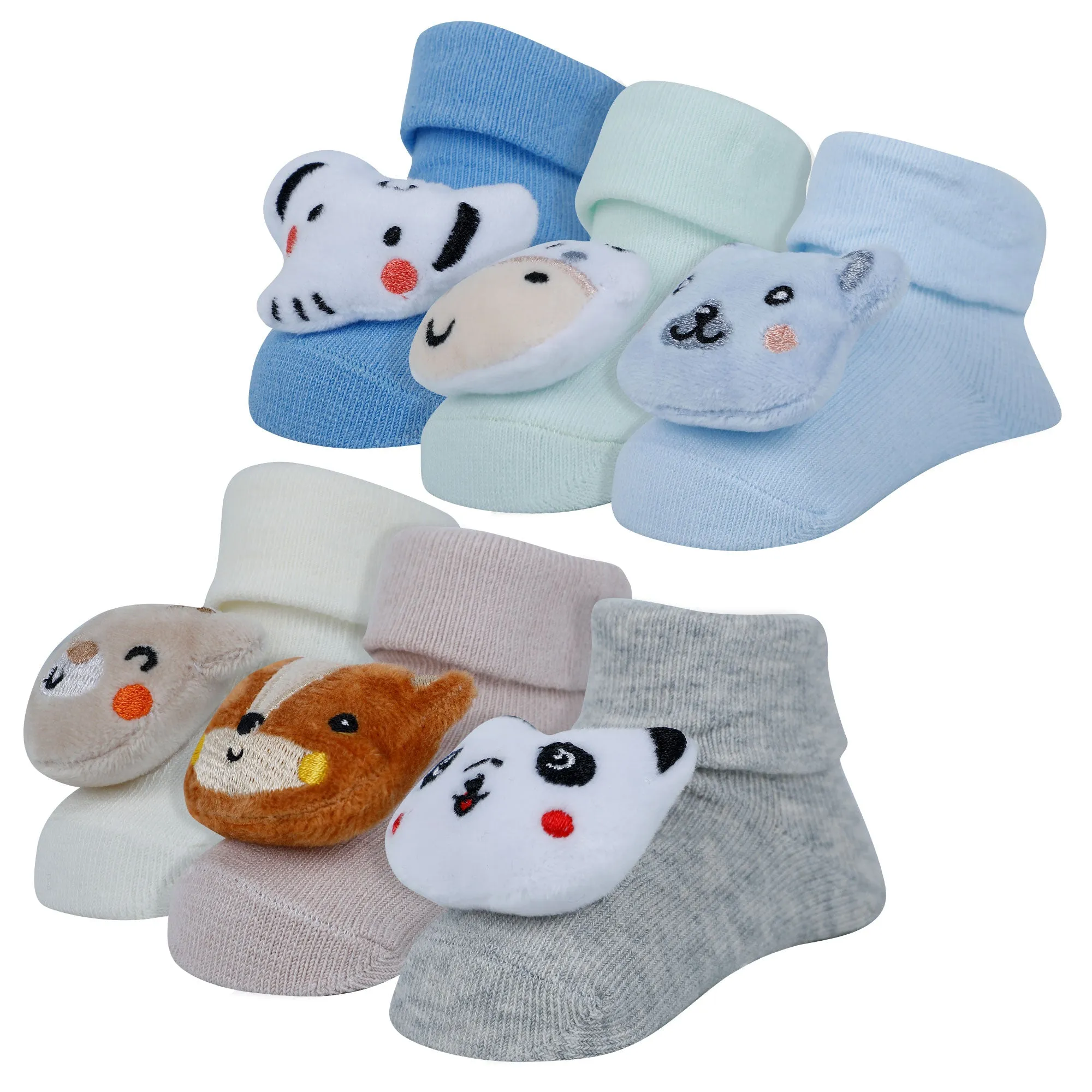 Baby Moo Animal 3D Rattle Anti-Skid Socks Booties Pack of 6 - Blue