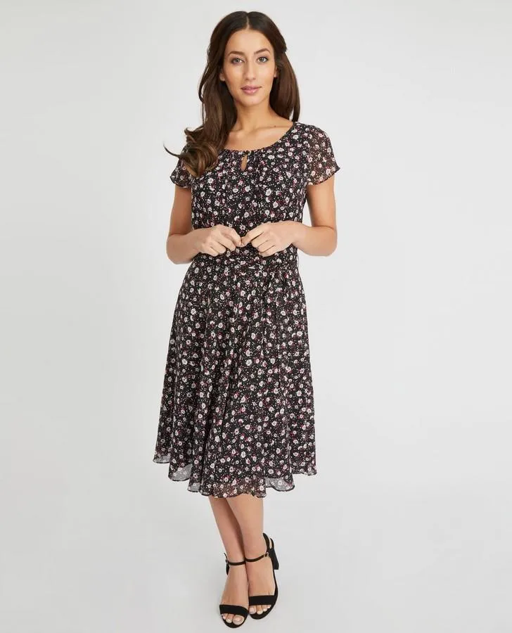 Black Ditsy Daisy Print Tea Dress