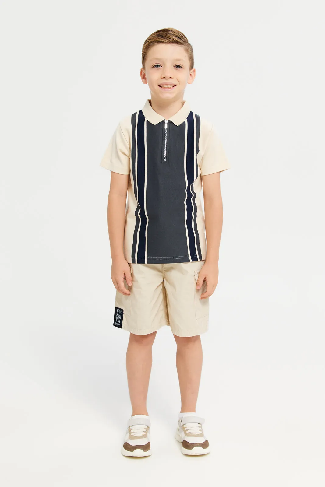 Boys Beige Striped Polo T-Shirt