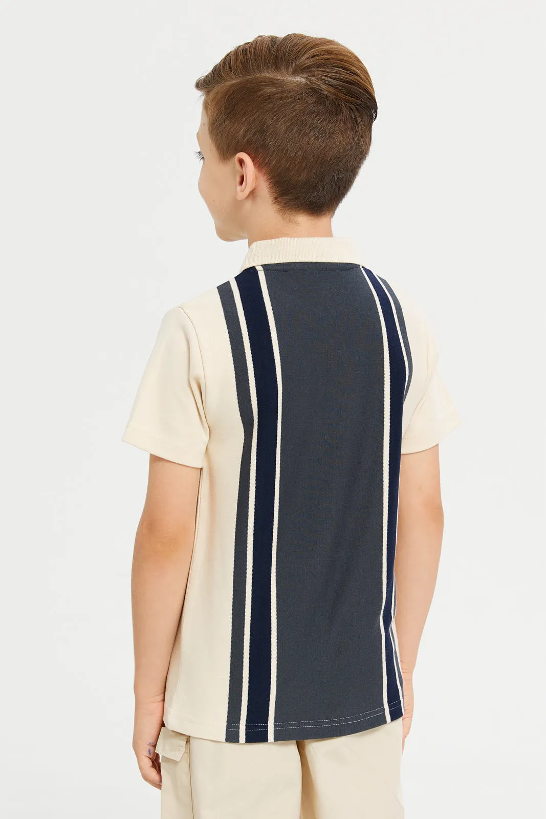 Boys Beige Striped Polo T-Shirt