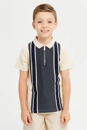 Boys Beige Striped Polo T-Shirt