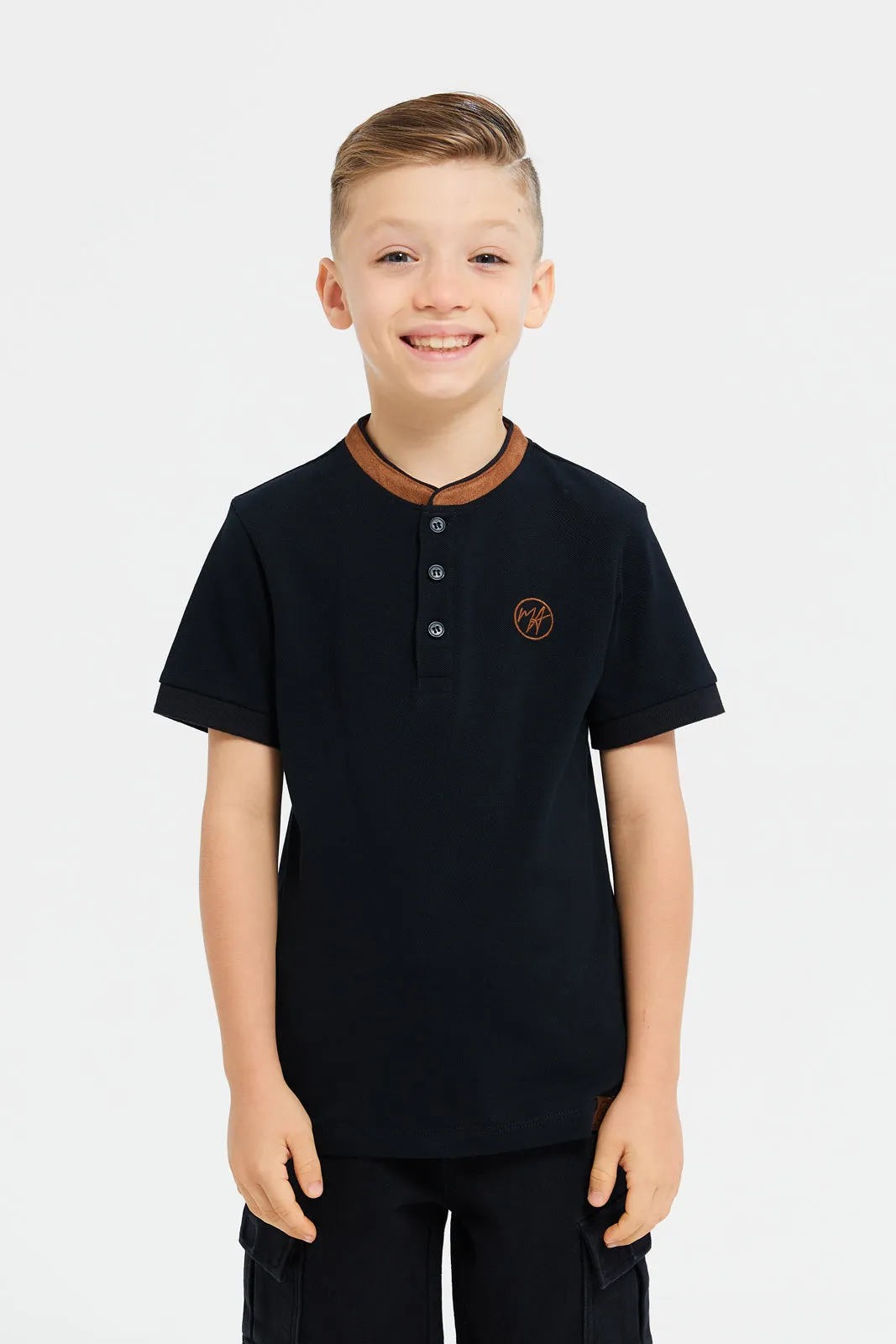 Boys Black Embroidery Suede Collar Polo T-Shirt