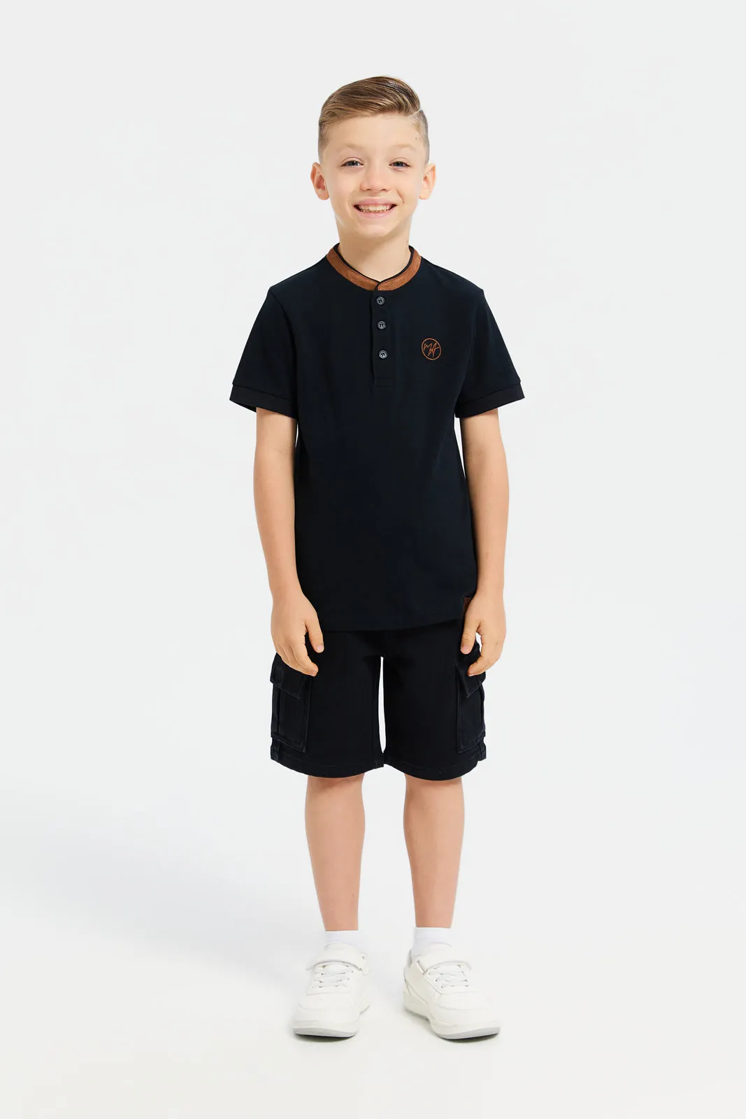 Boys Black Embroidery Suede Collar Polo T-Shirt