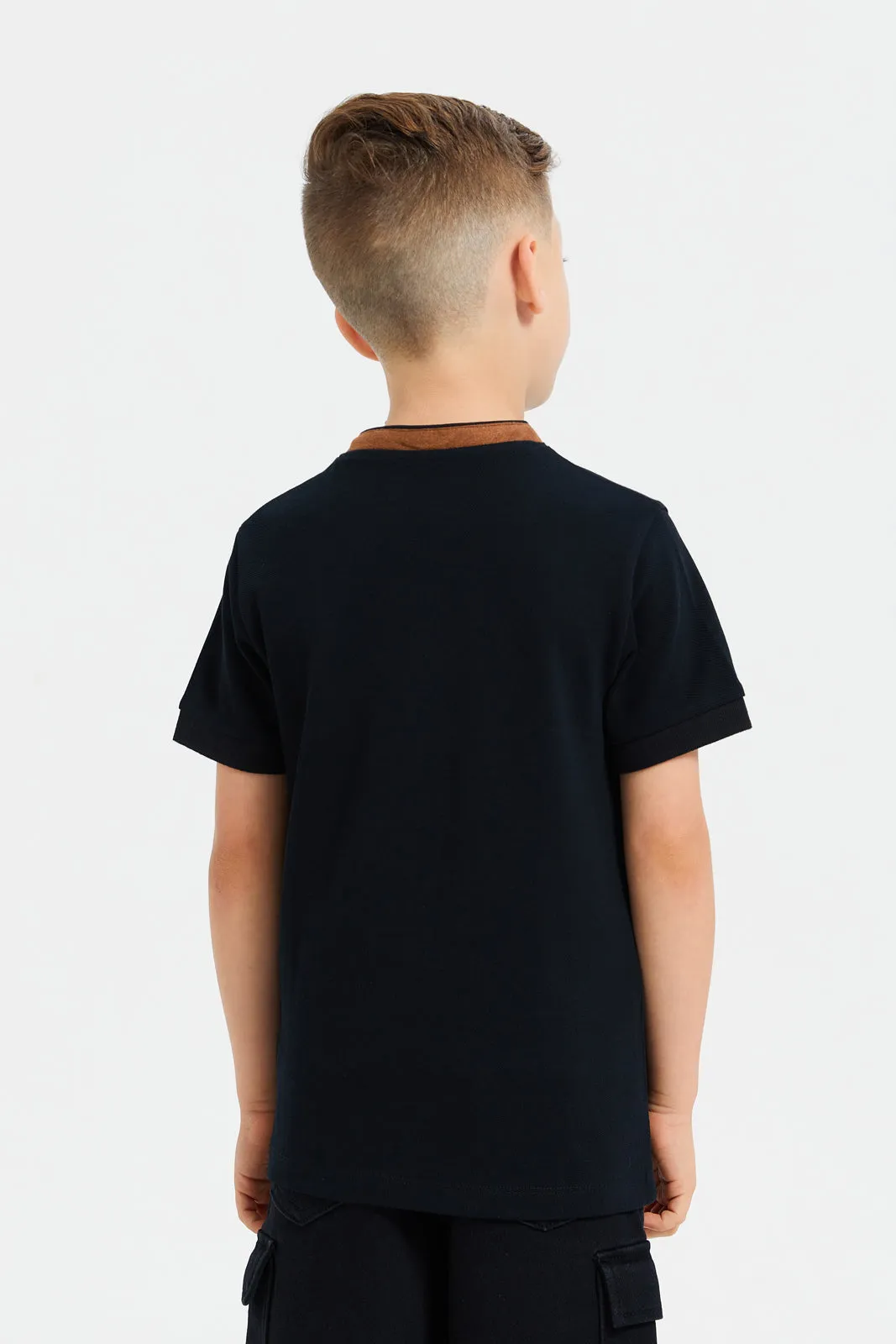 Boys Black Embroidery Suede Collar Polo T-Shirt