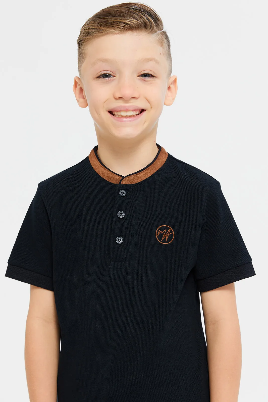 Boys Black Embroidery Suede Collar Polo T-Shirt