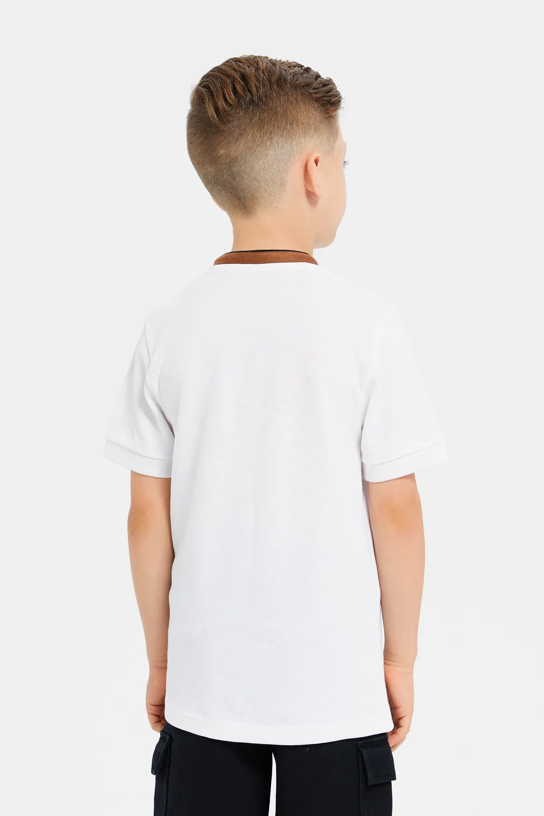 Boys White Embroidery Suede Collar Polo T-Shirt