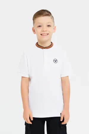 Boys White Embroidery Suede Collar Polo T-Shirt