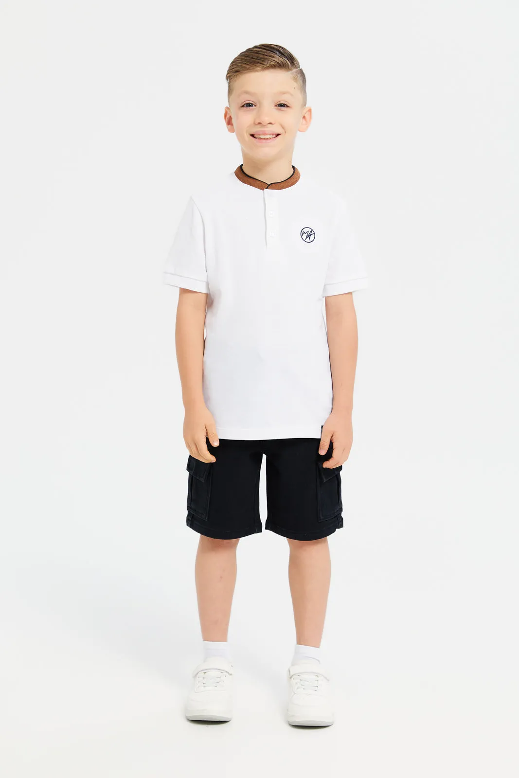 Boys White Embroidery Suede Collar Polo T-Shirt