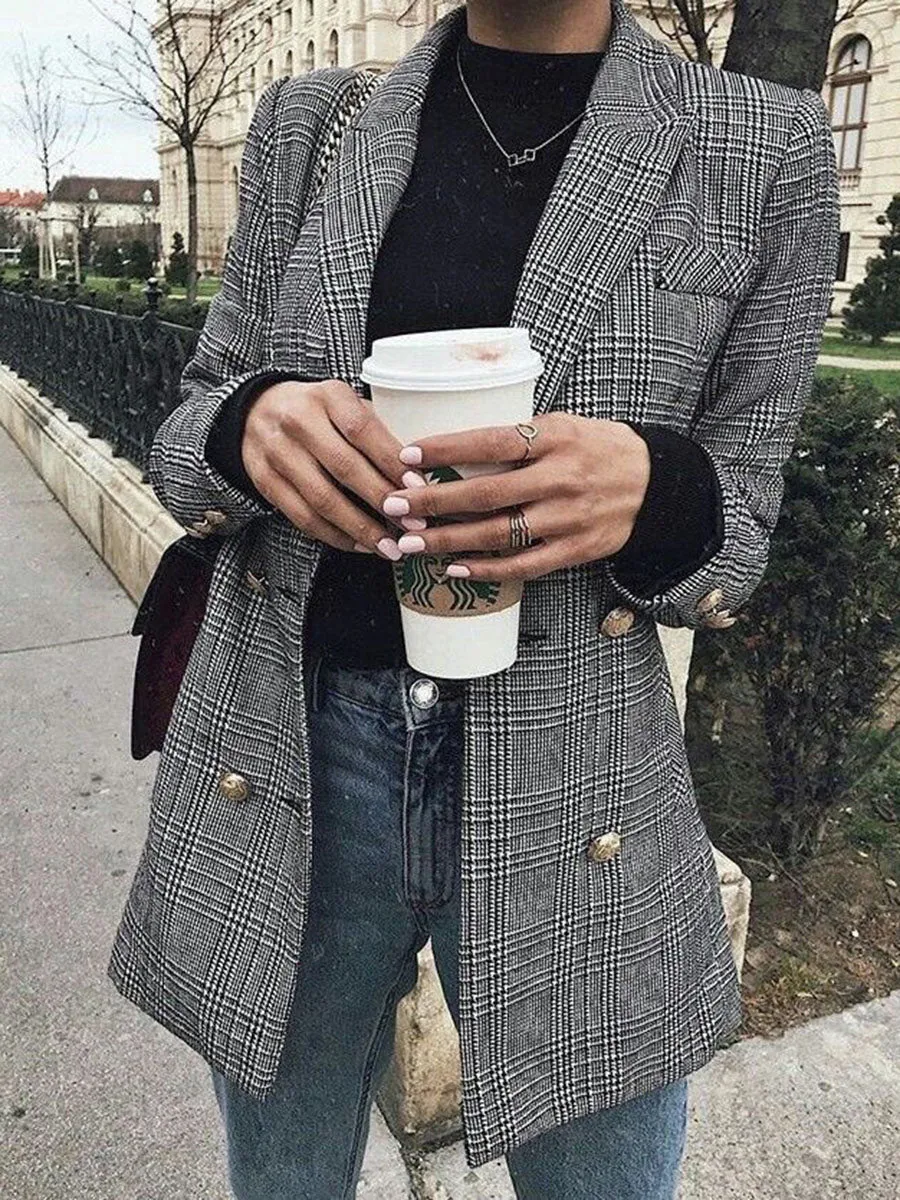 Check Button Fashion Casual Coat