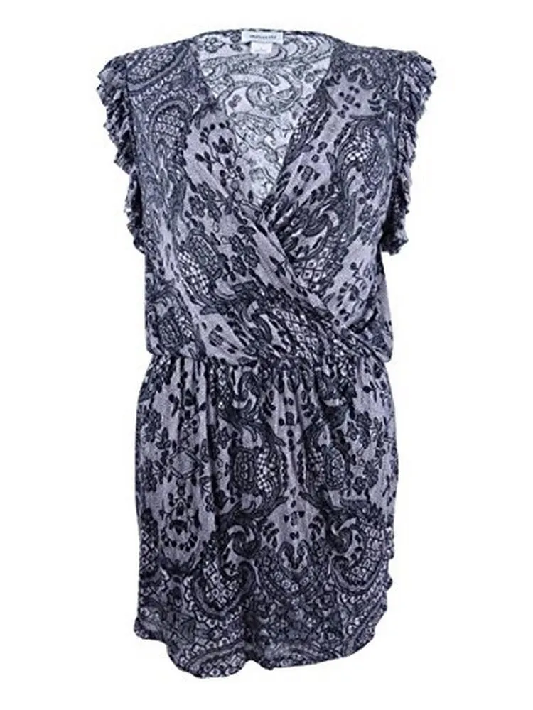 Chelsea Sky Women's V-Neck Lace-Print Ruffled Dress, Black,  L