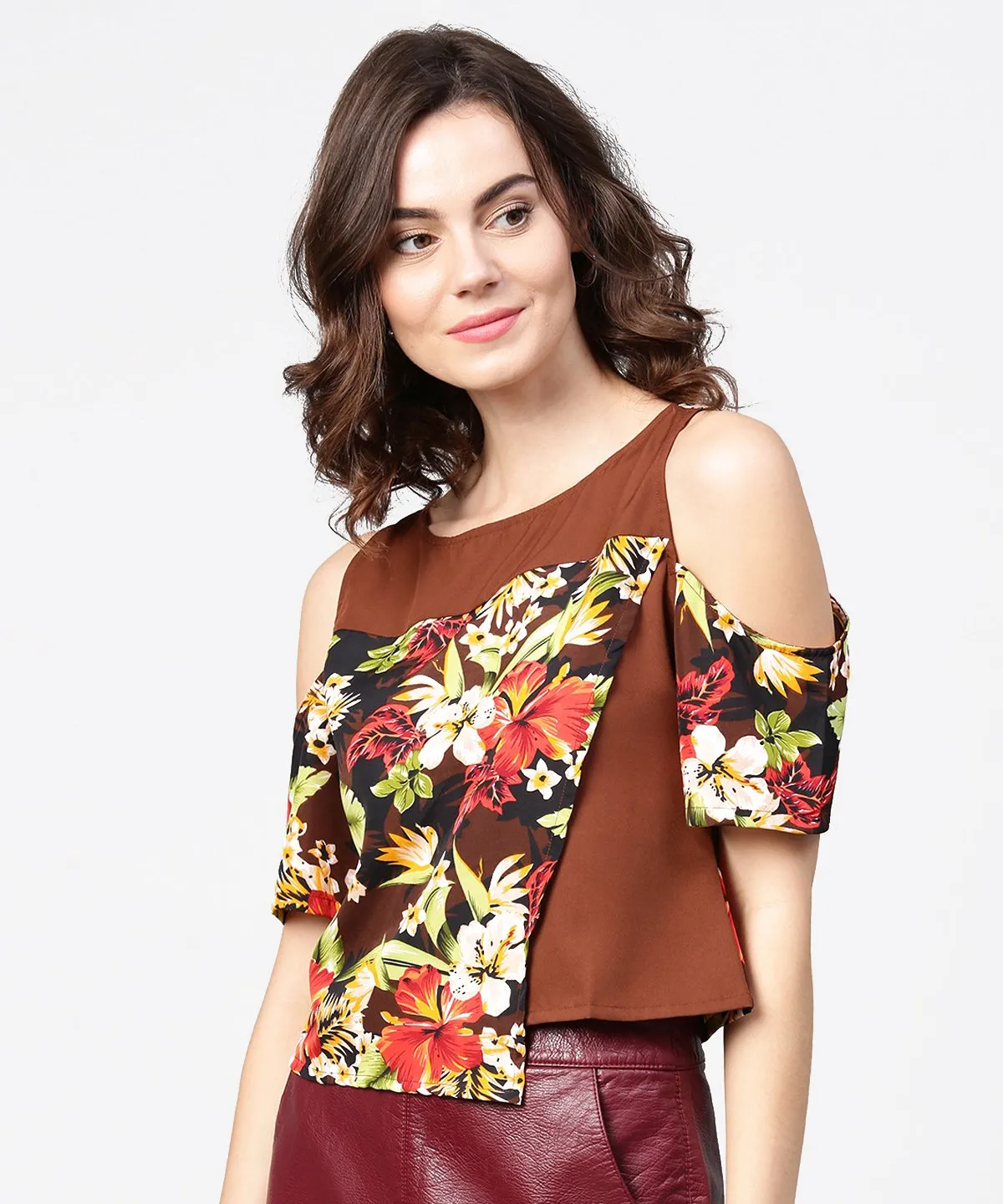 Coffee Brown Printed Short Cold Shoulder Crepe Tops