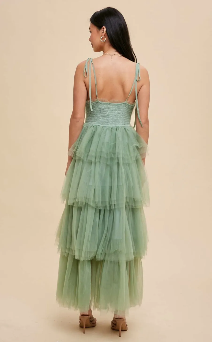 Cool Matcha Tiered Mesh Ruffle Dress