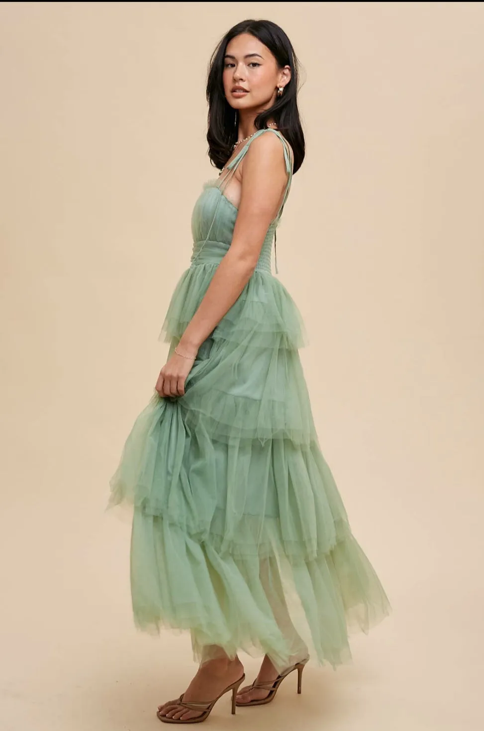 Cool Matcha Tiered Mesh Ruffle Dress