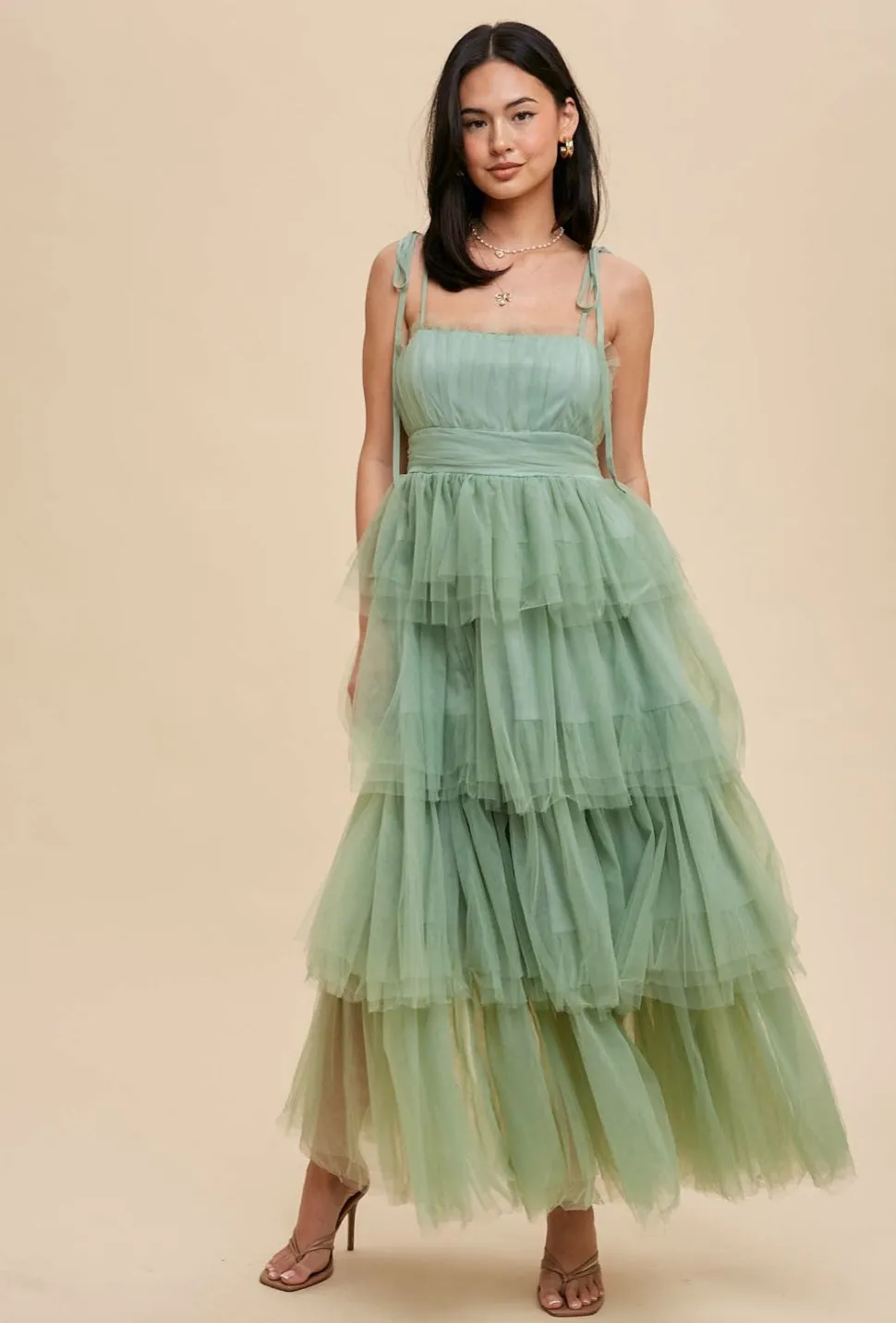 Cool Matcha Tiered Mesh Ruffle Dress