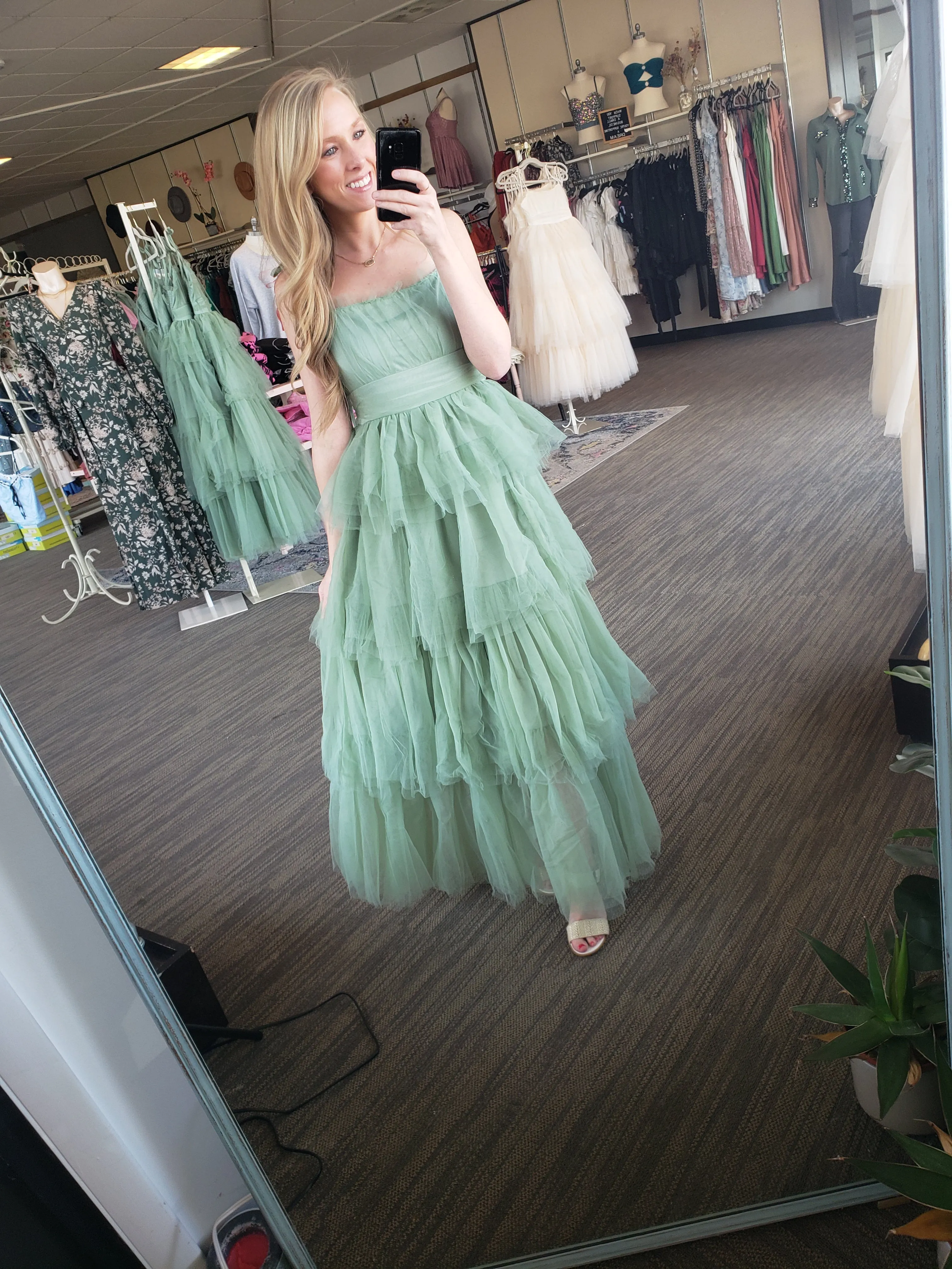 Cool Matcha Tiered Mesh Ruffle Dress