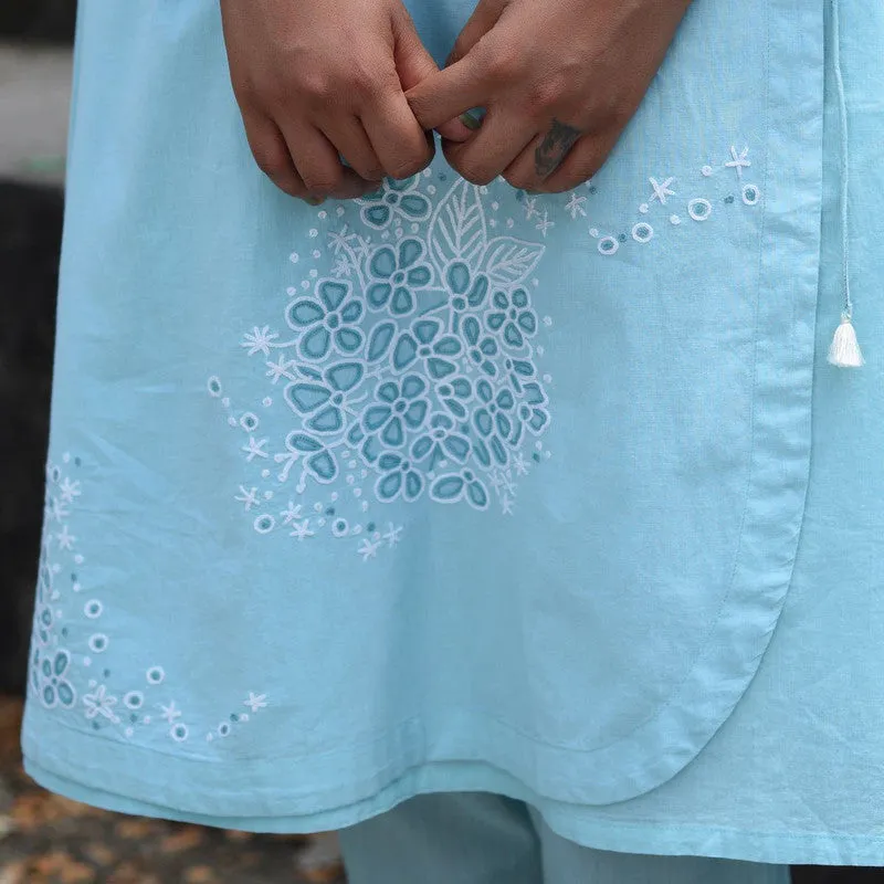 Cotton Angrakha Kurta for Women | Blue | Hand Embroidered