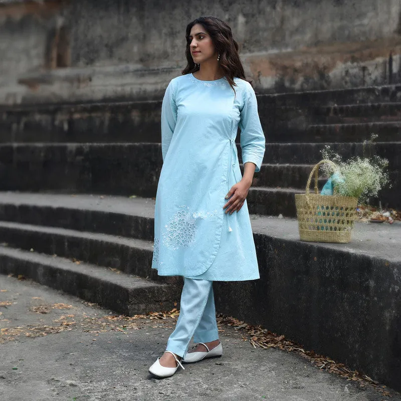 Cotton Angrakha Kurta for Women | Blue | Hand Embroidered