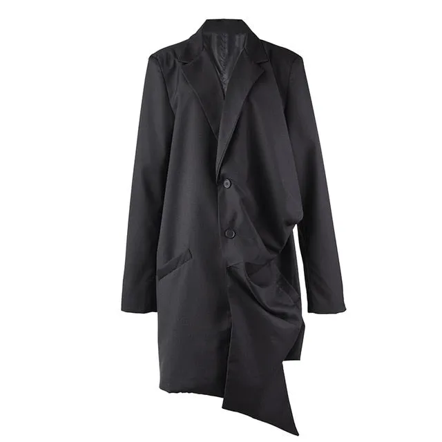 [EAM] Women Black Brief Pleated Big Size Long Trench New Lapel Long Sleeve Loose Fit Windbreaker Fashion Spring 2020 1S24101