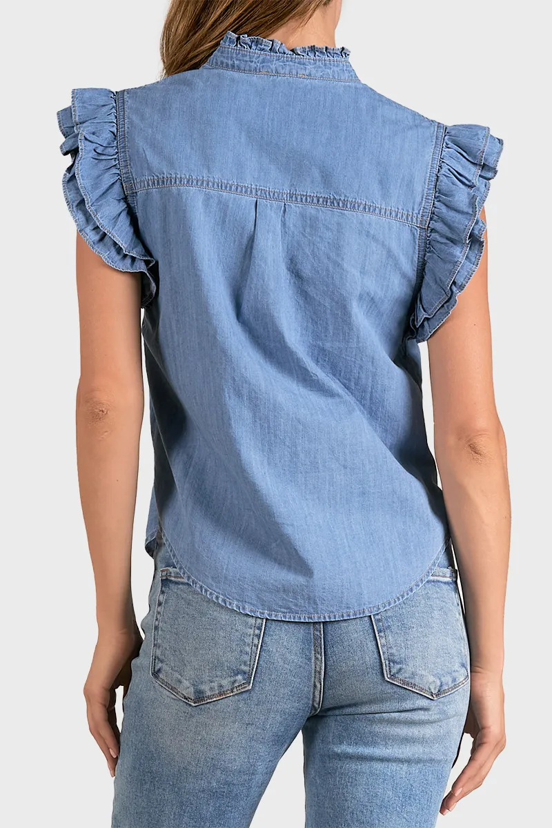 Elan Chambray Flutter Sleeve Top