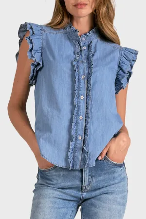 Elan Chambray Flutter Sleeve Top