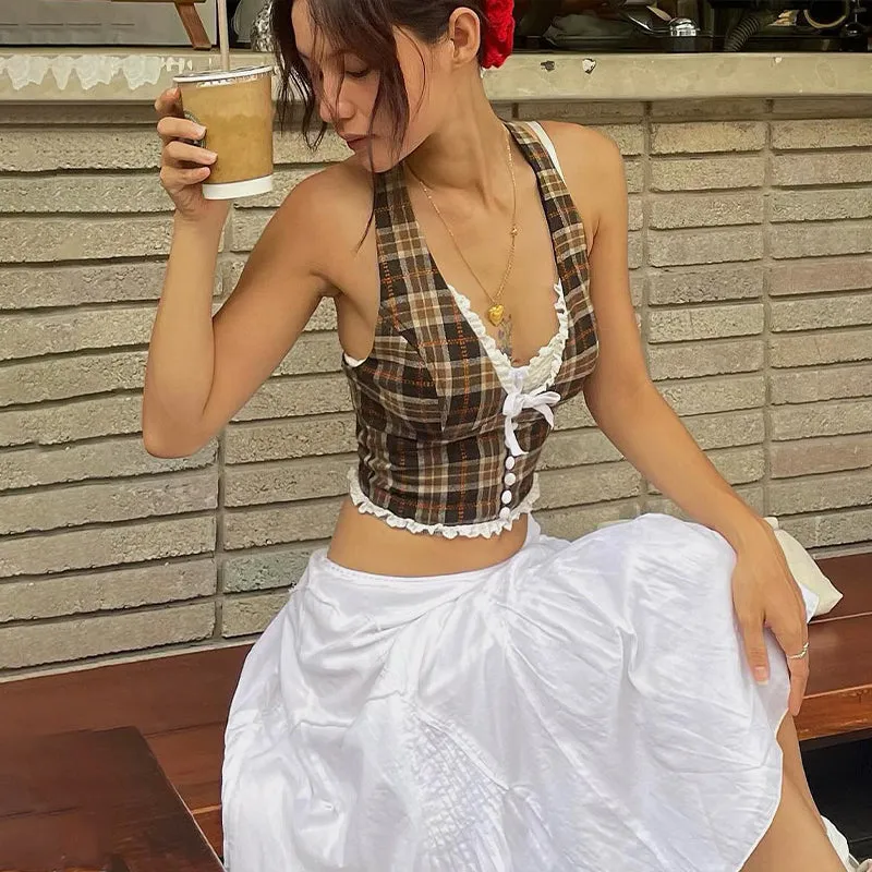 Etty Retro Plaid Halter Top