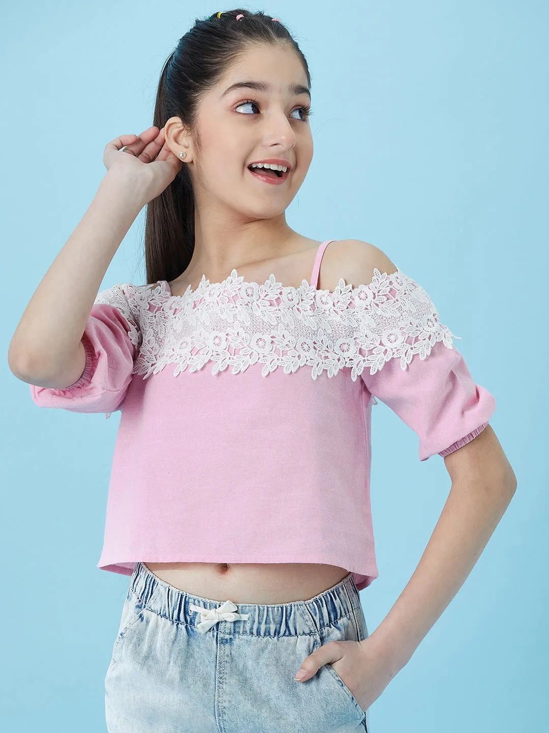 Girls Cold-Shoulder Sleeves Cotton Crop Top