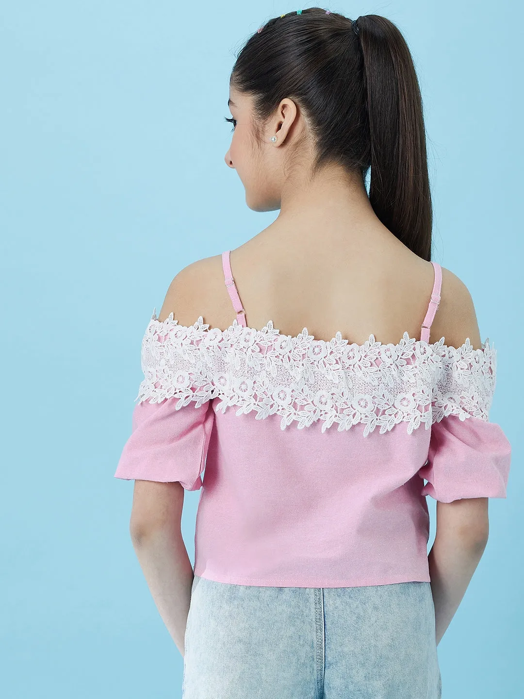 Girls Cold-Shoulder Sleeves Cotton Crop Top