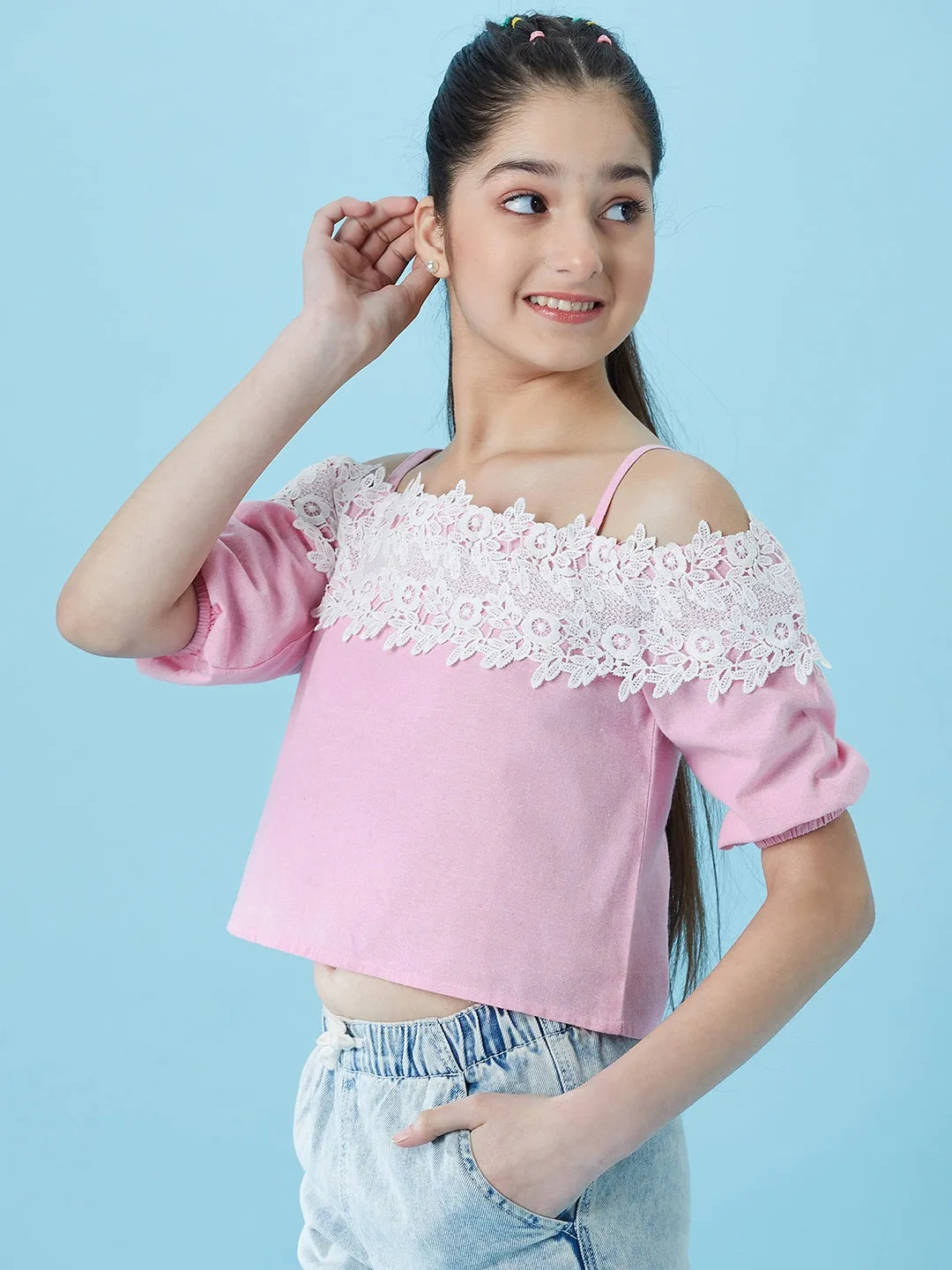 Girls Cold-Shoulder Sleeves Cotton Crop Top