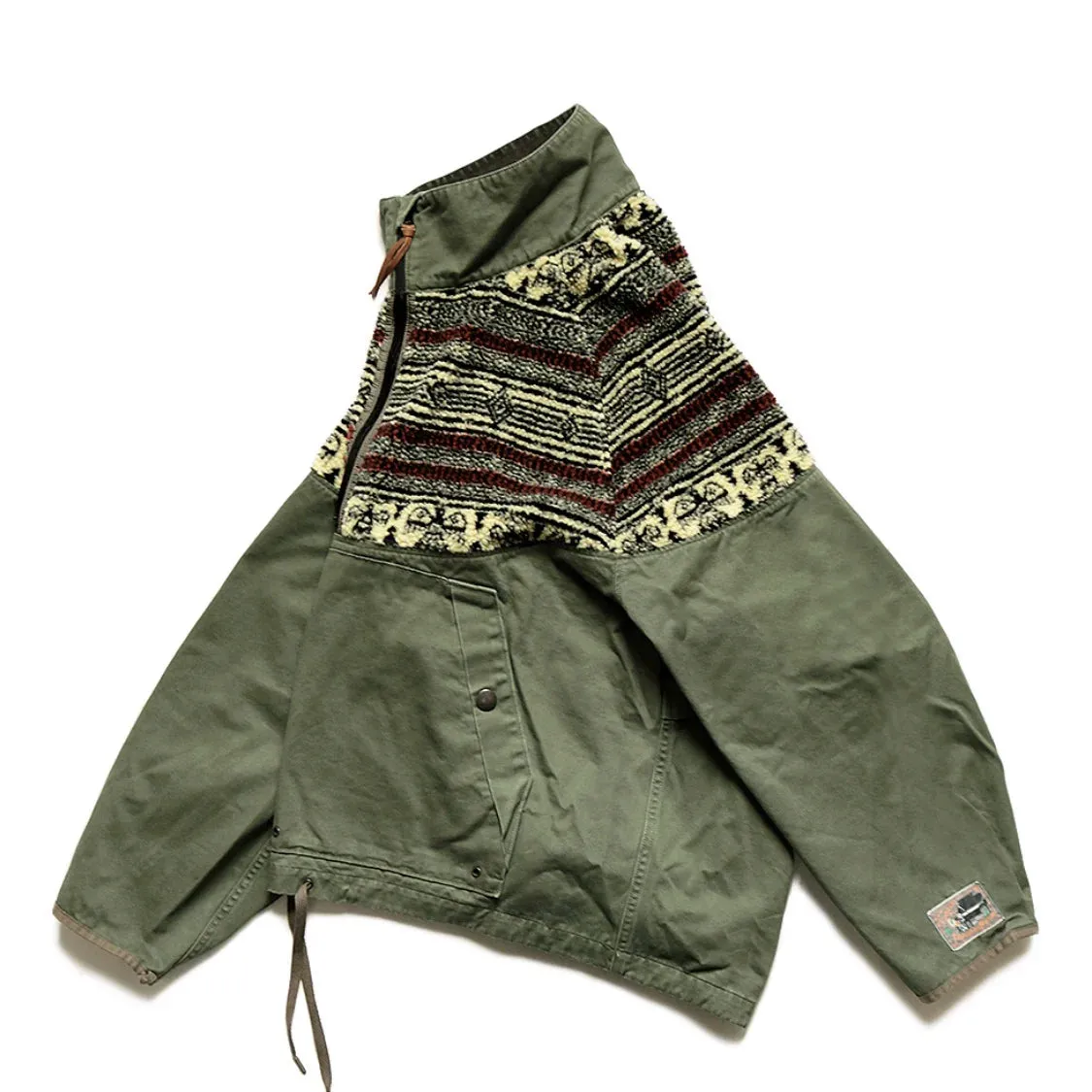 Japan Style Cashmere Stitched Half Zipper Loose Tooling Jacket - Military Green