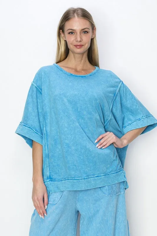 J.Her Mineral Washed Top with Binding Details in Ocean Blue