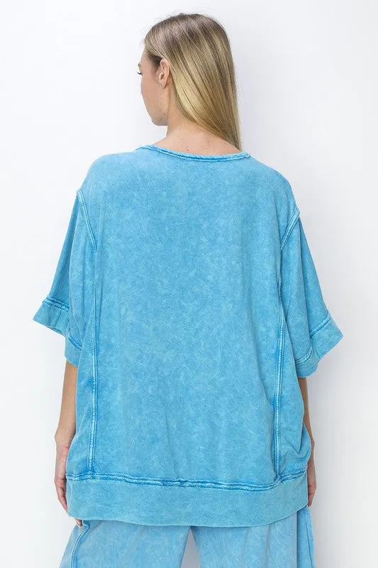 J.Her Mineral Washed Top with Binding Details in Ocean Blue