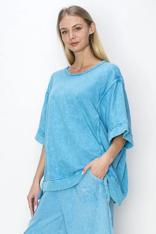 J.Her Mineral Washed Top with Binding Details in Ocean Blue