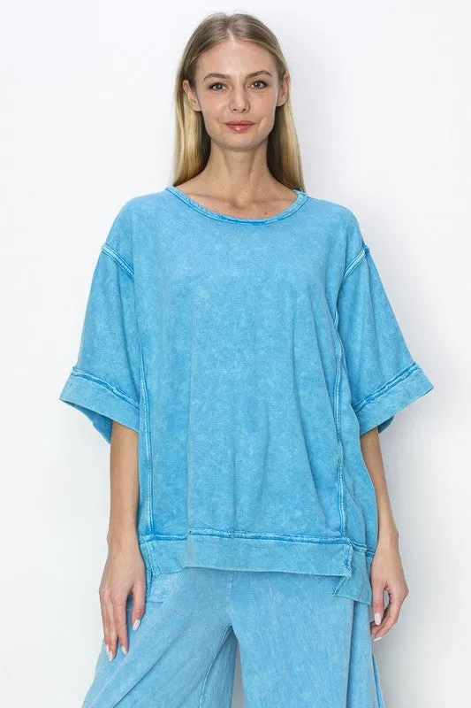 J.Her Mineral Washed Top with Binding Details in Ocean Blue