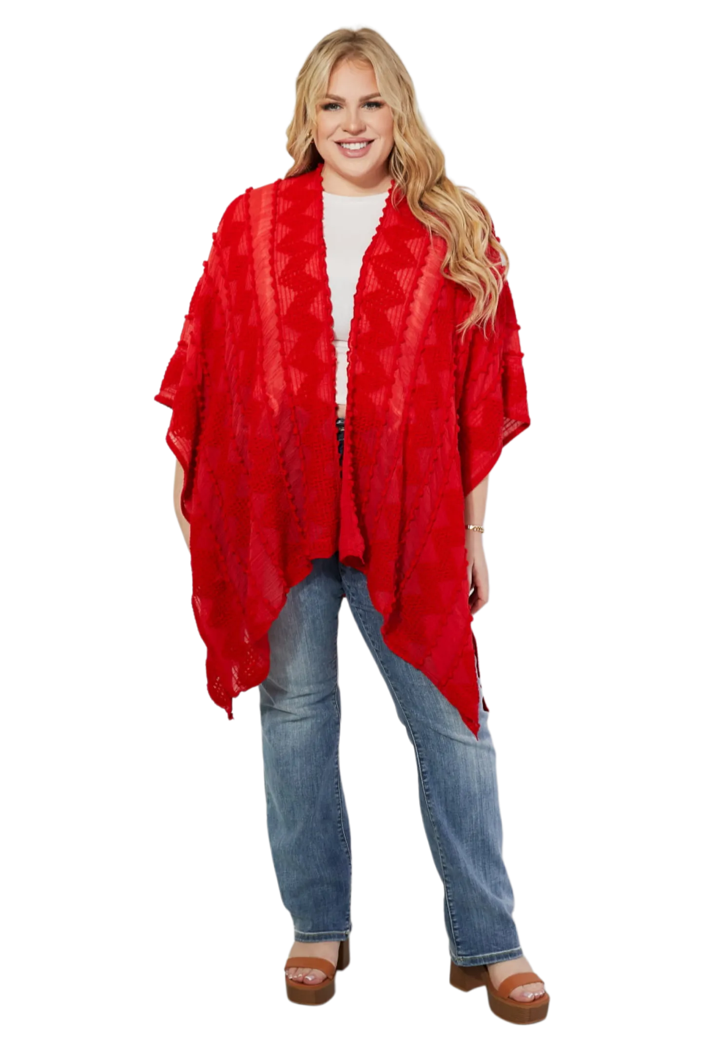 Justin Taylor Pom-Pom Asymmetrical Poncho Cardigan in Red