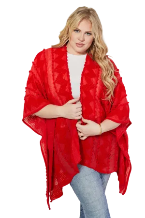 Justin Taylor Pom-Pom Asymmetrical Poncho Cardigan in Red