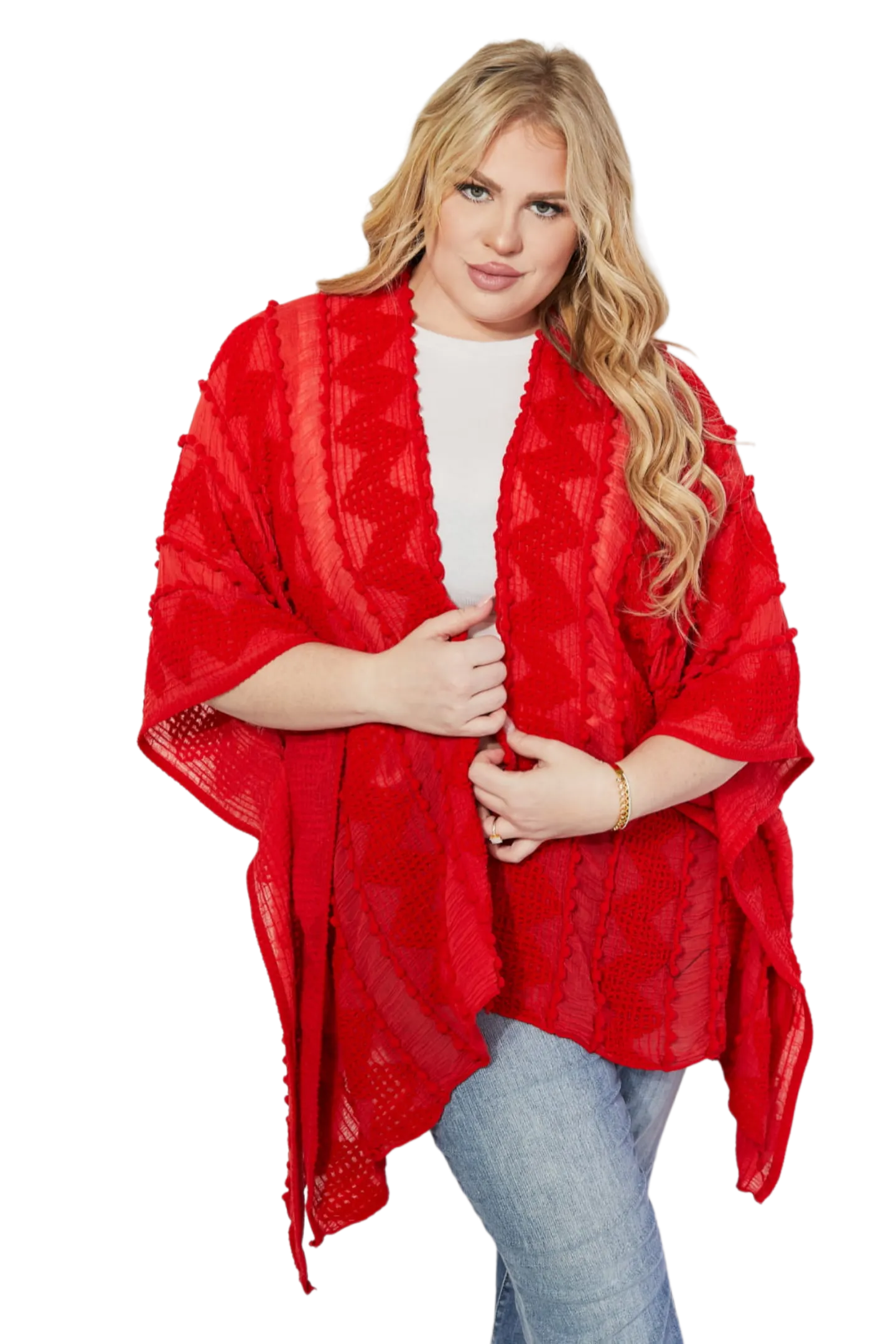 Justin Taylor Pom-Pom Asymmetrical Poncho Cardigan in Red