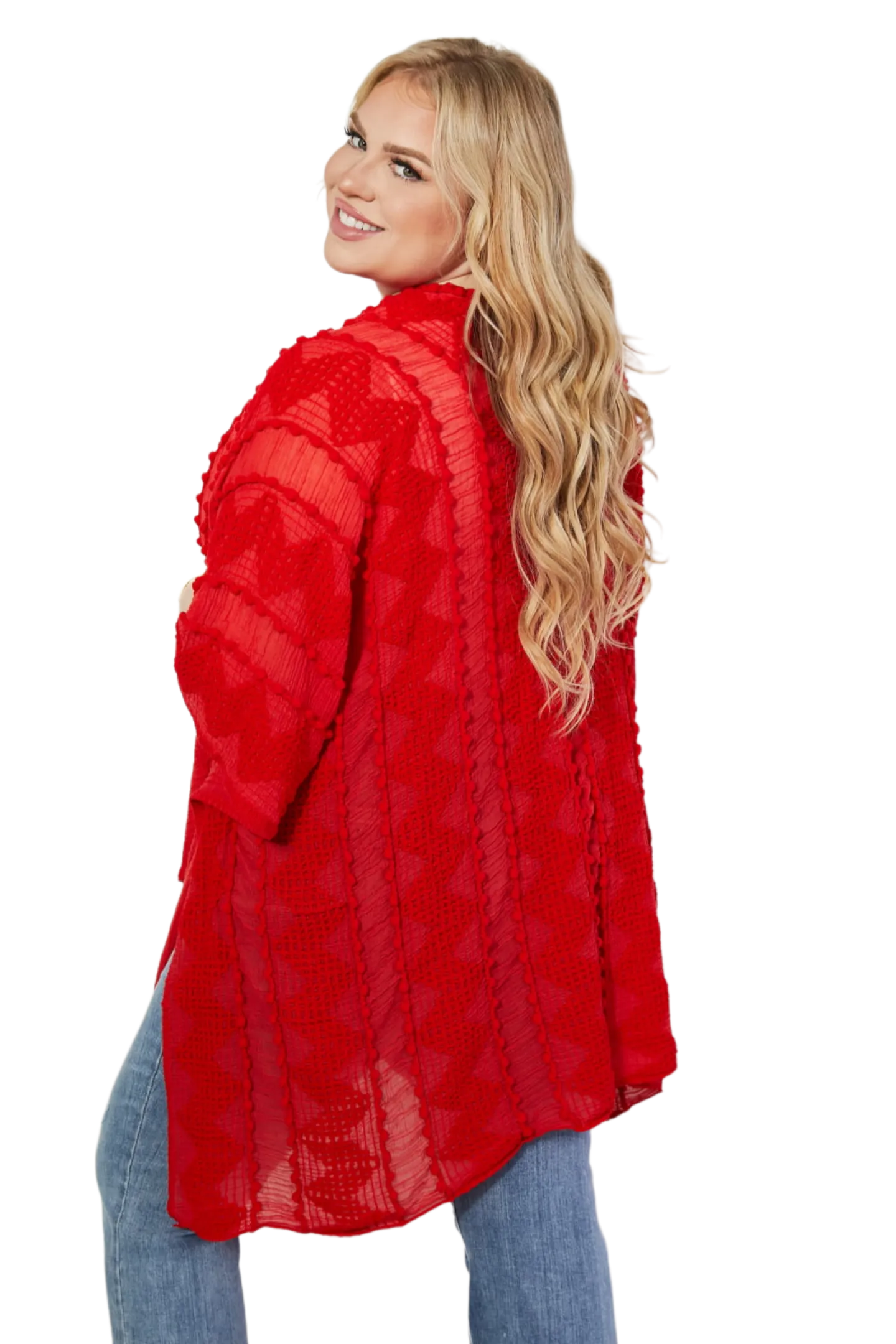 Justin Taylor Pom-Pom Asymmetrical Poncho Cardigan in Red