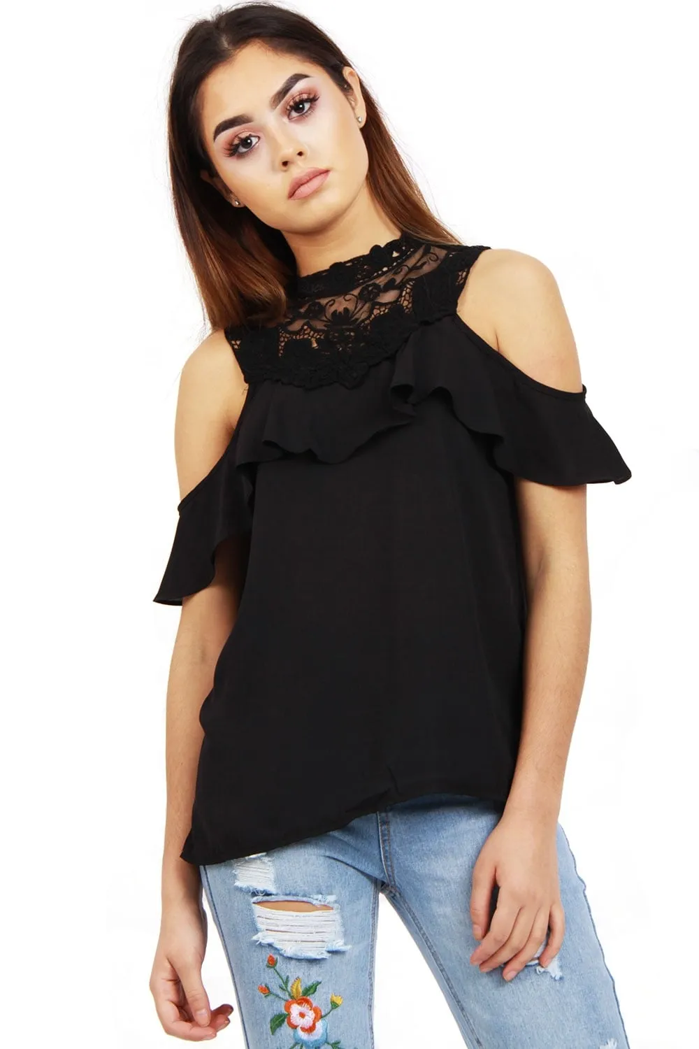 Lace Applique Ruffle Cold Shoulder Top