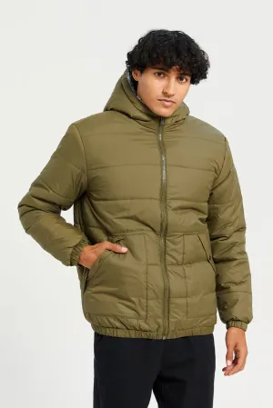 Men Olive Hooded Puffer jacket