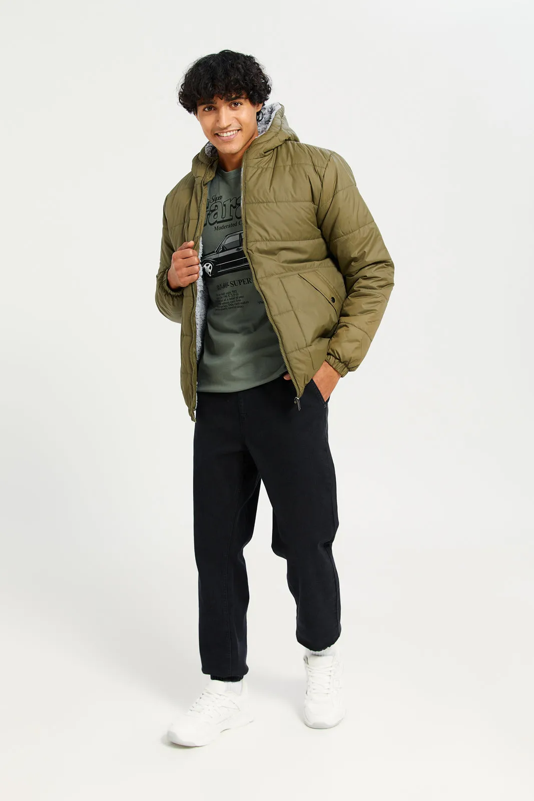 Men Olive Hooded Puffer jacket