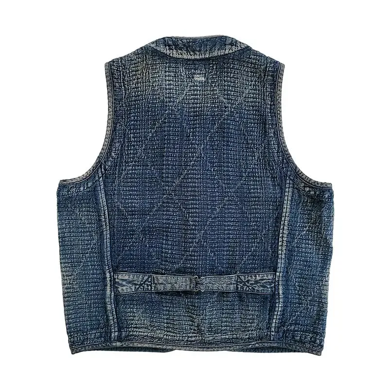 Men's Indigo Dyed Distressed Sashiko Vest - Japanese Style