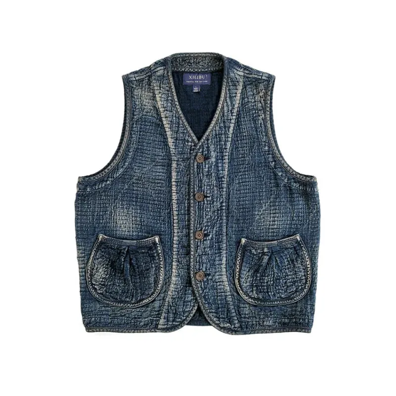 Men's Indigo Dyed Distressed Sashiko Vest - Japanese Style