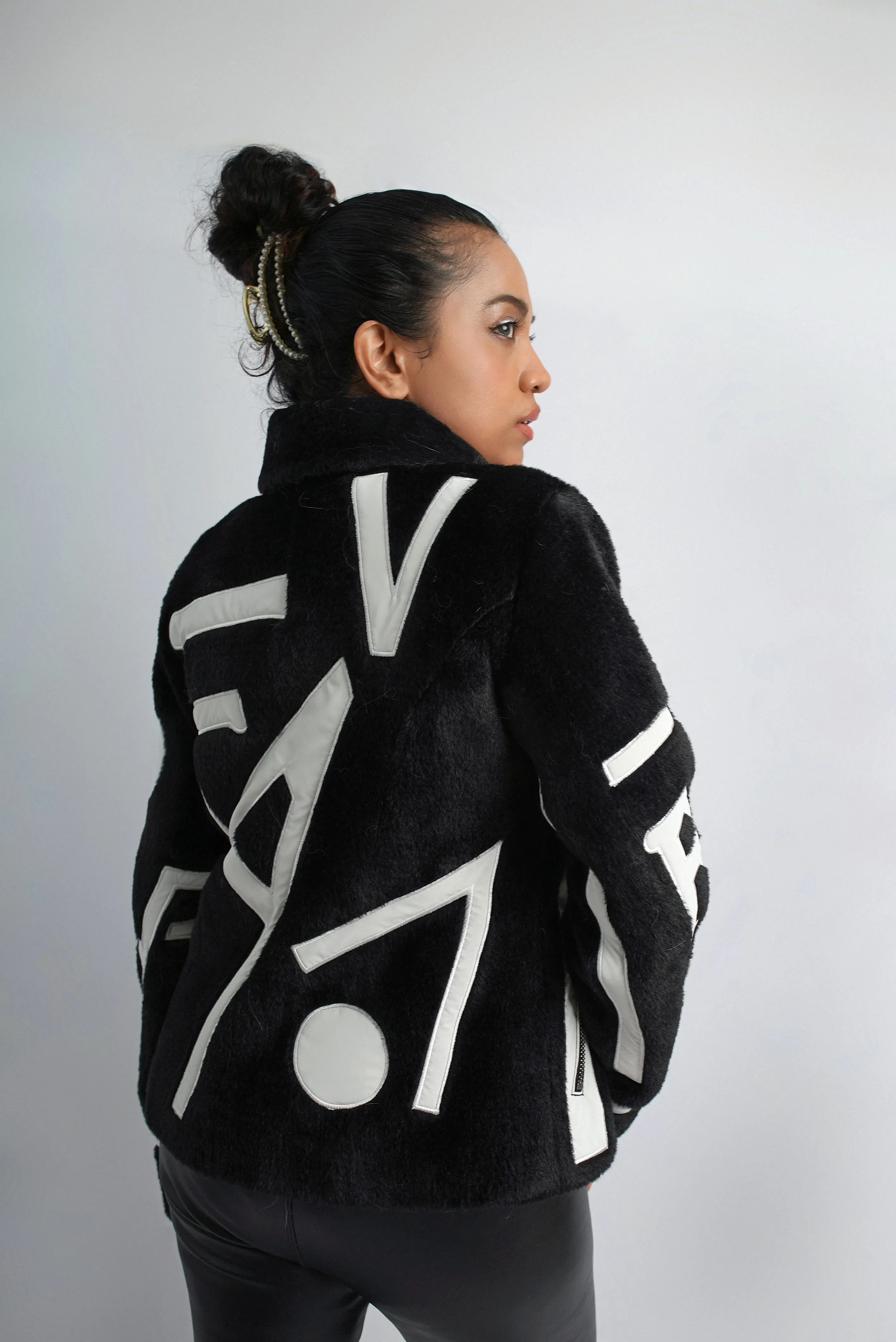 Monochrome Chic Jacket with Detachable Fox Fur Collar