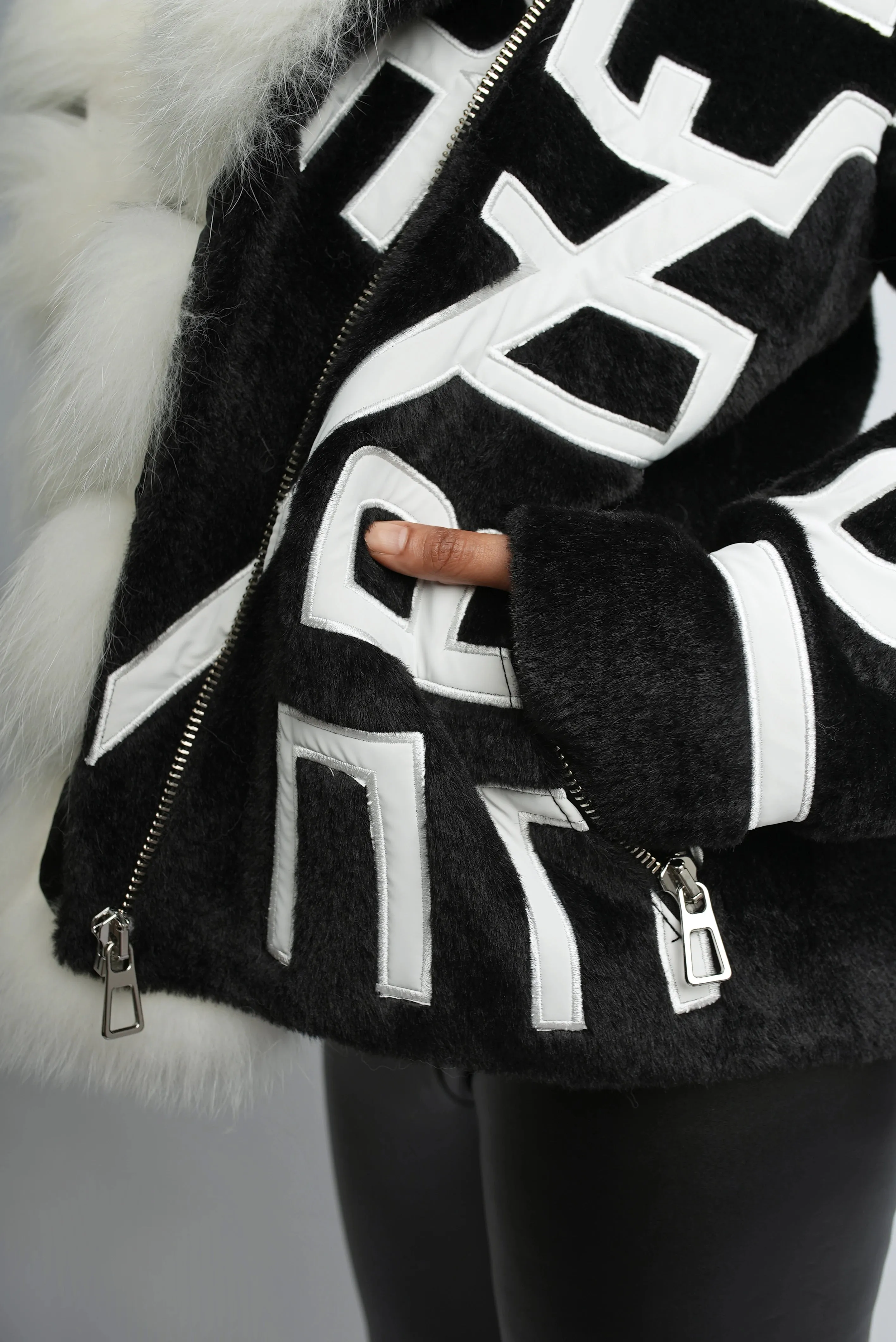 Monochrome Chic Jacket with Detachable Fox Fur Collar