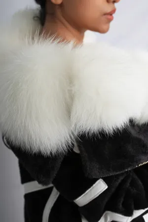 Monochrome Chic Jacket with Detachable Fox Fur Collar